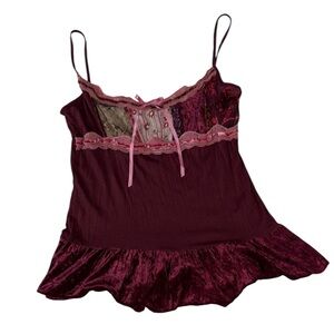 Y2K Vintage Rave Burgundy Lace And Velvet Trim Camisole Babydoll Top